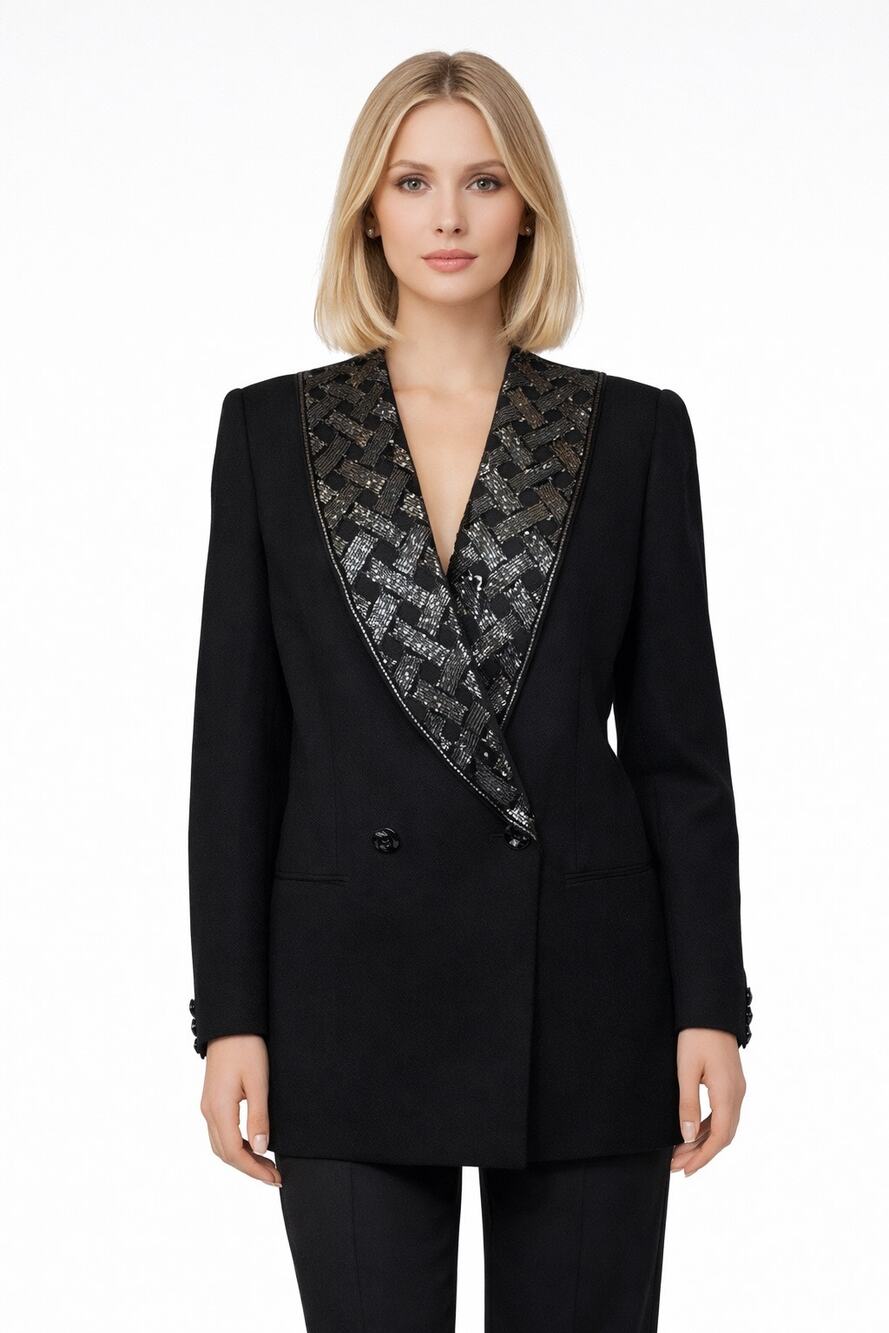 1980s–90s Vintage John Meyer of Norwich Black Beaded Shawl Collar Blazer large